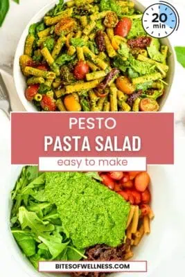 white bowl filled with pesto pasta salad