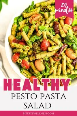white bowl filled with pesto pasta salad