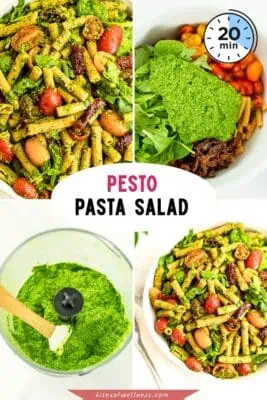 white bowl filled with pesto pasta salad