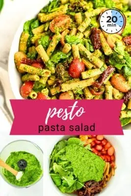 white bowl filled with pesto pasta salad