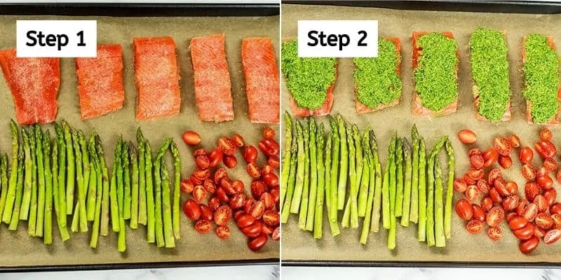 Steps on how to make pesto salmon with vegetables.