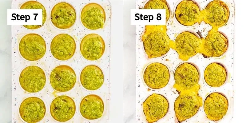 Broccoli cheese egg muffins before and after baking.