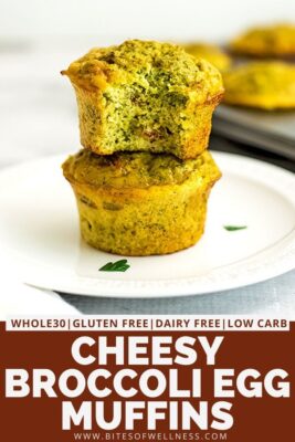 Two cheesy broccoli egg muffins stacked on a plate.