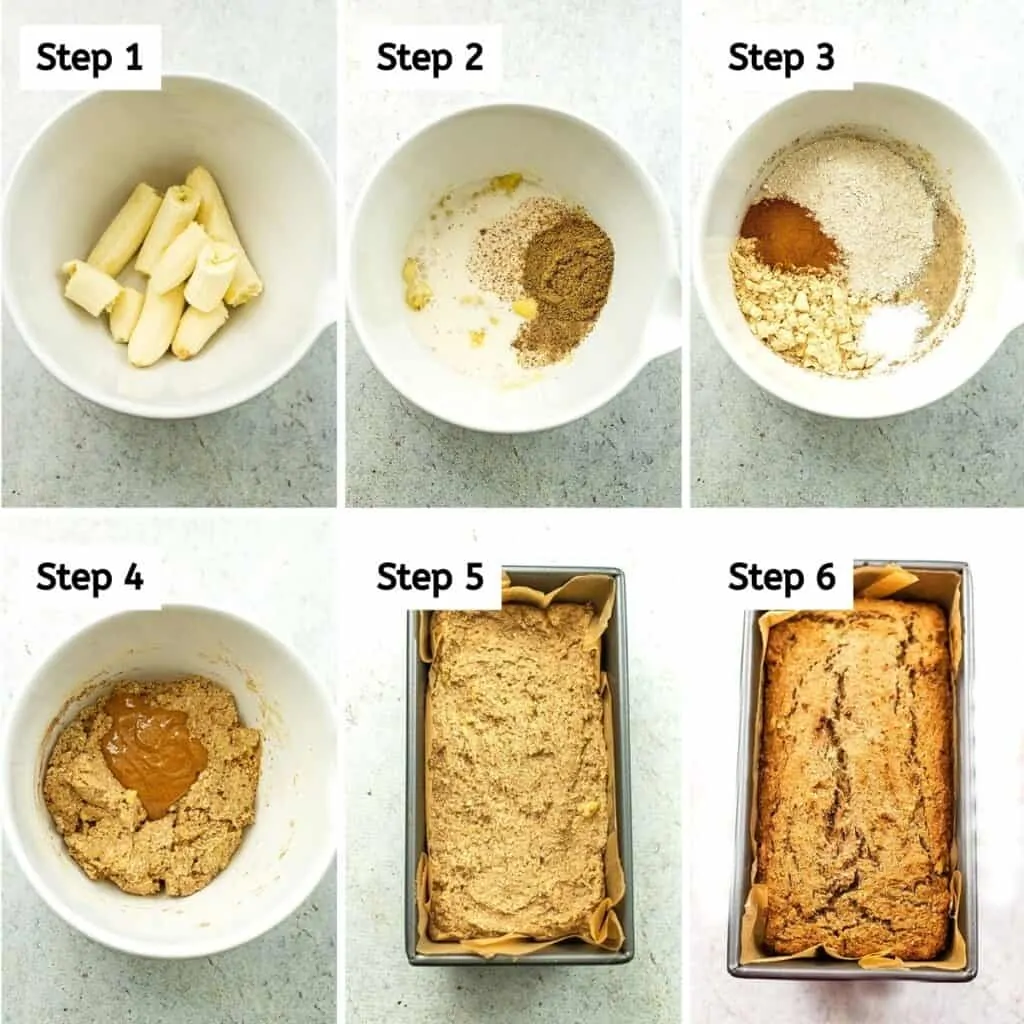 Steps to make vegan protein banana bread.