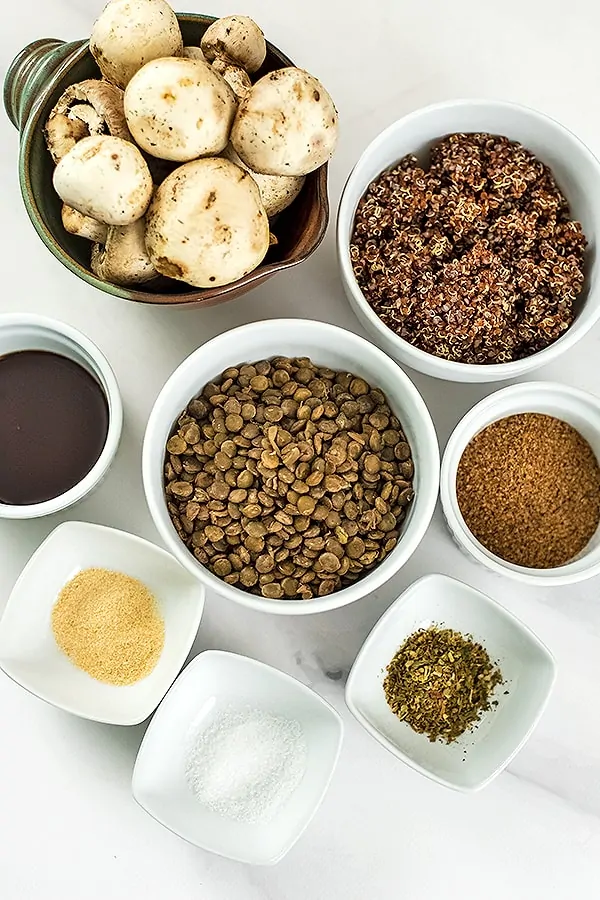 Ingredients for making quinoa lentil mushroom meatballs.