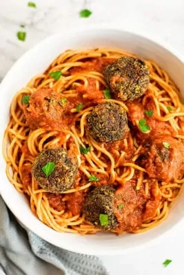 Bowl of spaghetti and vegan meatballs.