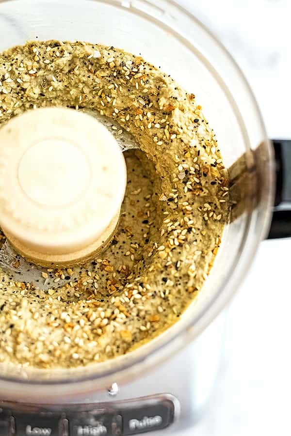 Food processor filled with everything bagel hummus.