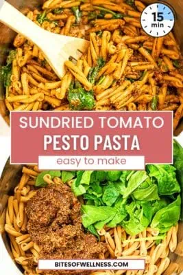 Large pot filled with sundried tomato pesto pasta.
