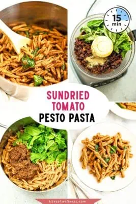 Large pot filled with sundried tomato pesto pasta.