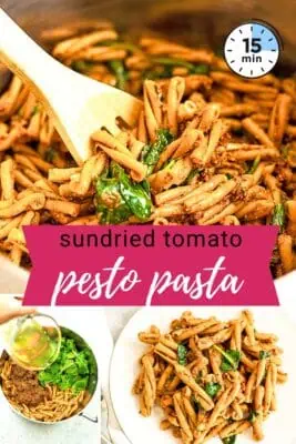 Large pot filled with sundried tomato pesto pasta.