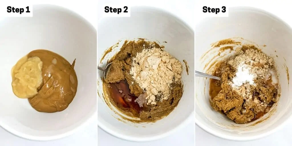 Steps 1-3 on how to make peanut butter protein cookies. 