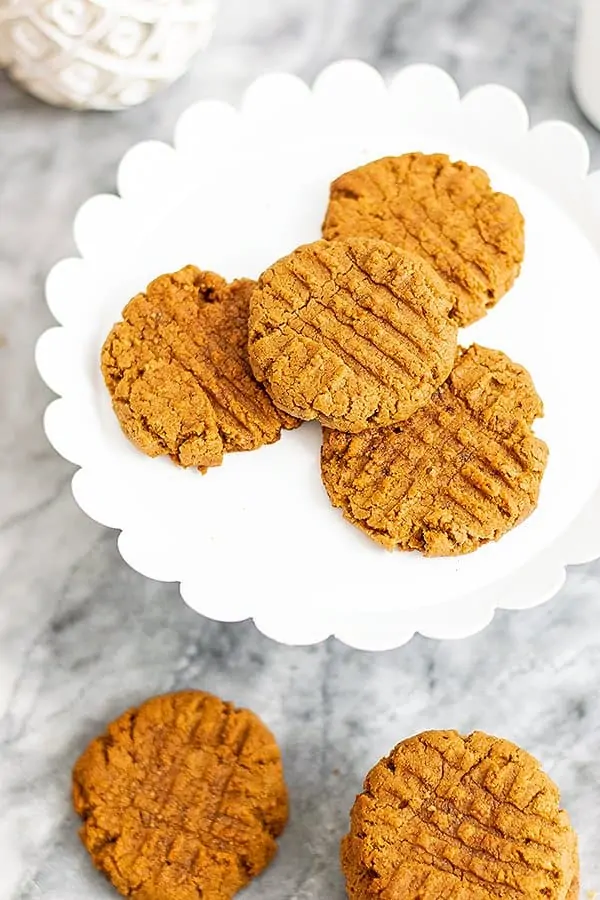 White tray of peanut butter protein cookies.
