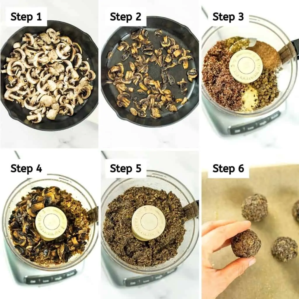 Steps 1-6 on how to make quinoa lentil mushroom meatballs.