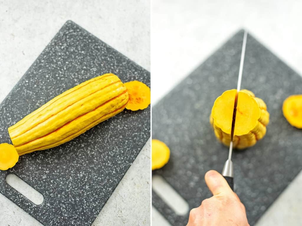Steps 1 and 2 on how to cut a delicata squash.