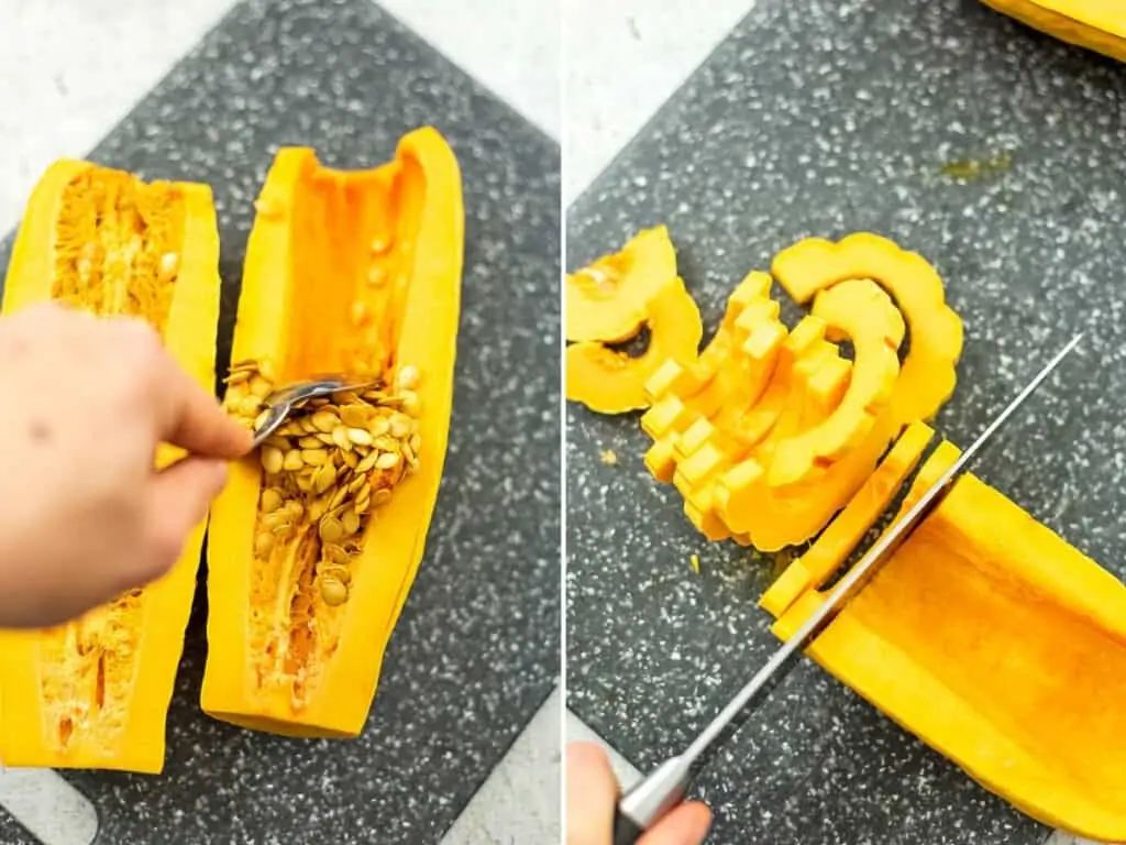 Steps on how to remove seeds and cut the delicata squash.