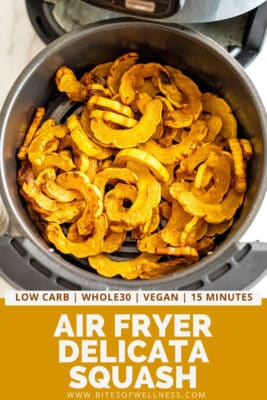 Air fryer basket full of delicata squash fries.