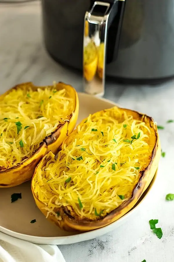 Air fryer spaghetti squash after cooking.