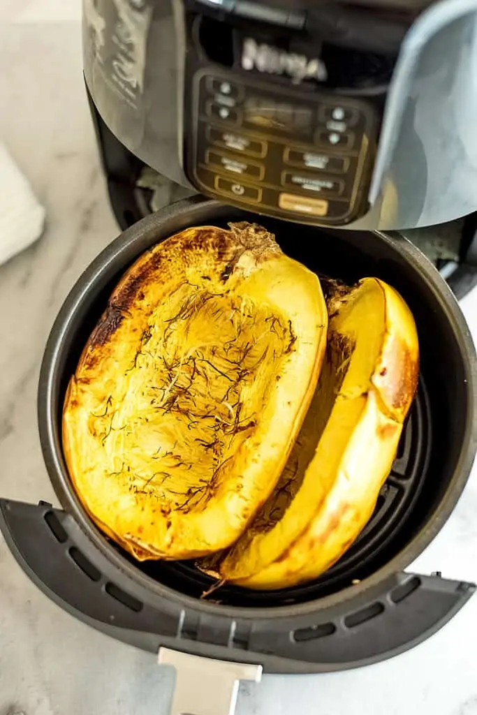 Spaghetti squash in air fryer after cooking.