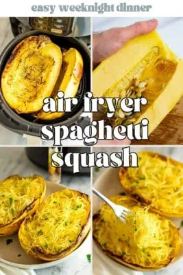 Spaghetti squash in air fryer basket after cooking.