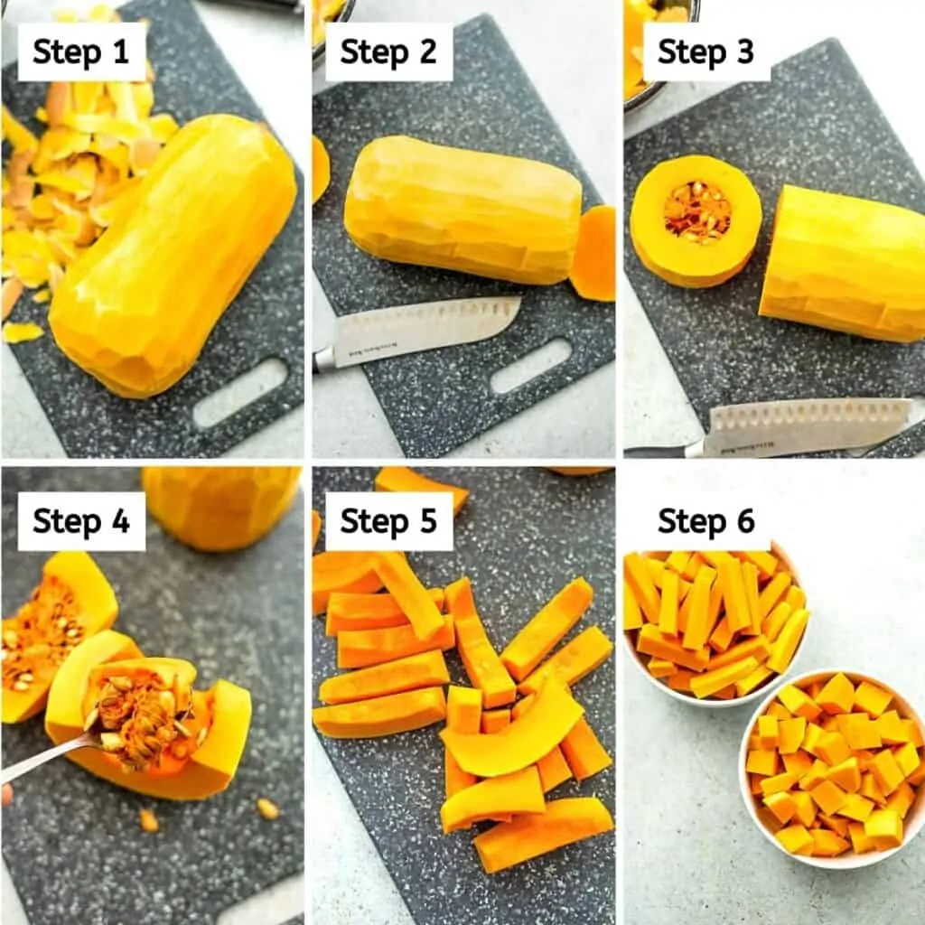 Steps on how to peel and cut butternut squash.