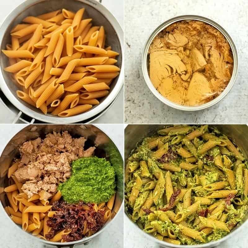 Steps to make pesto tuna pasta.