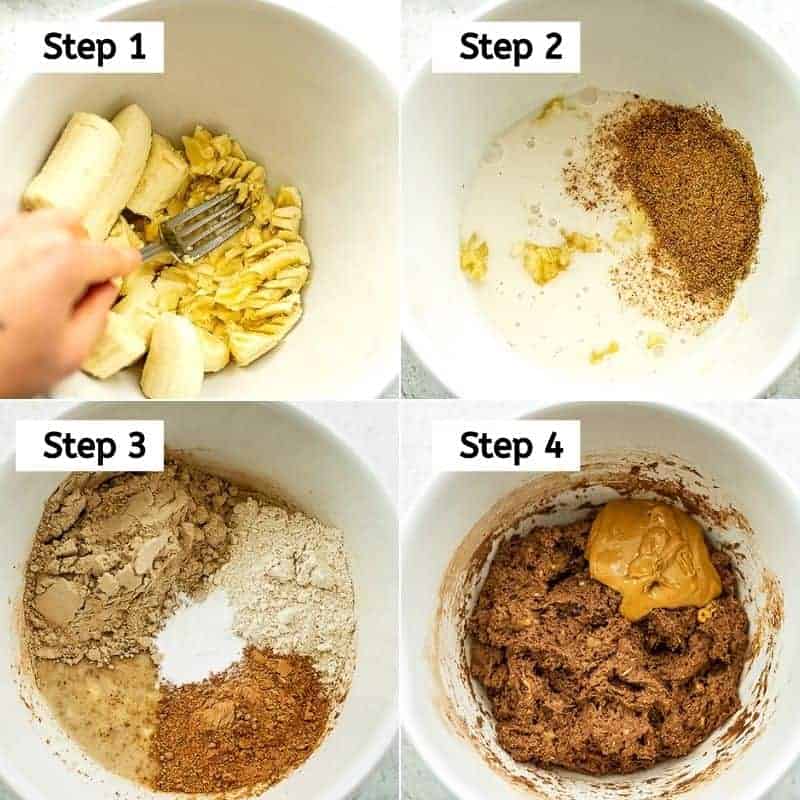 Steps 1-4 of how to make chocolate protein banana bread batter.