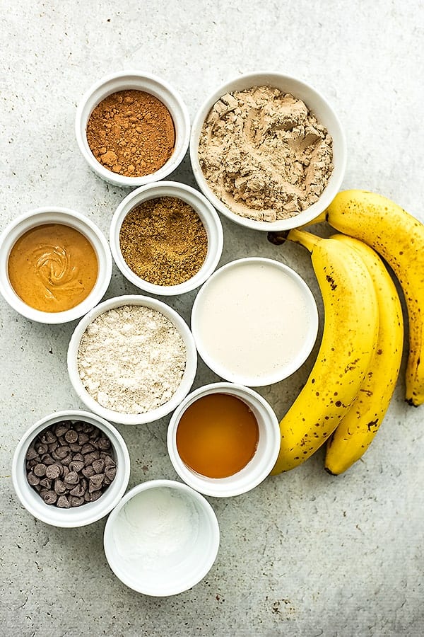 Ingredients for chocolate protein banana bread.