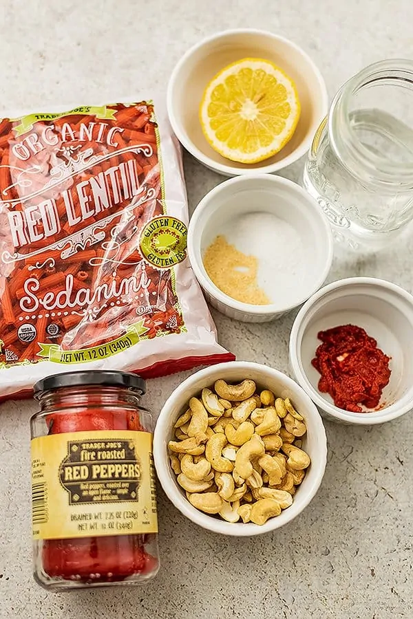 Ingredients for roasted red pepper pasta sauce.