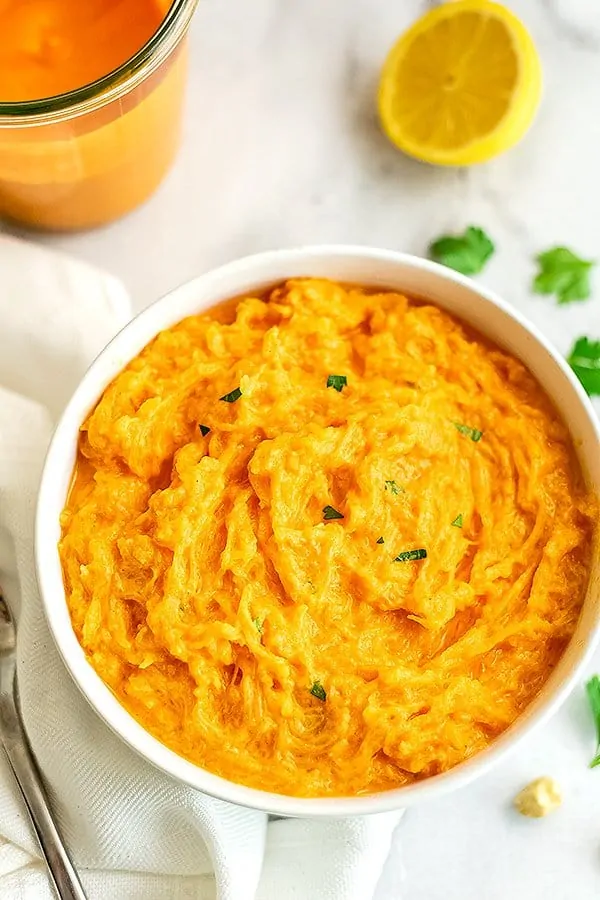 Roasted red pepper sauce on spaghetti squash.