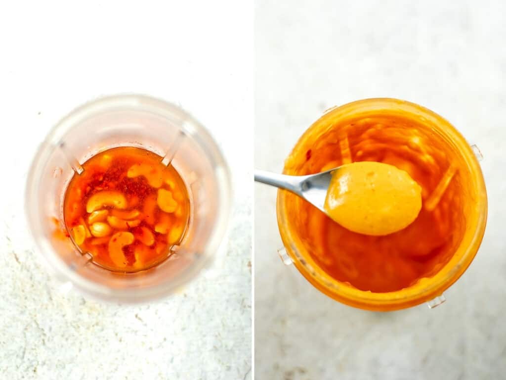 Bang bang sauce before and after being blended.