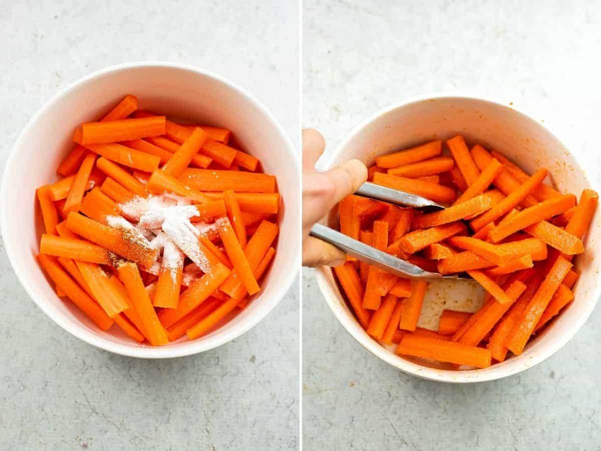 Adding the seasoning to the carrot fries.