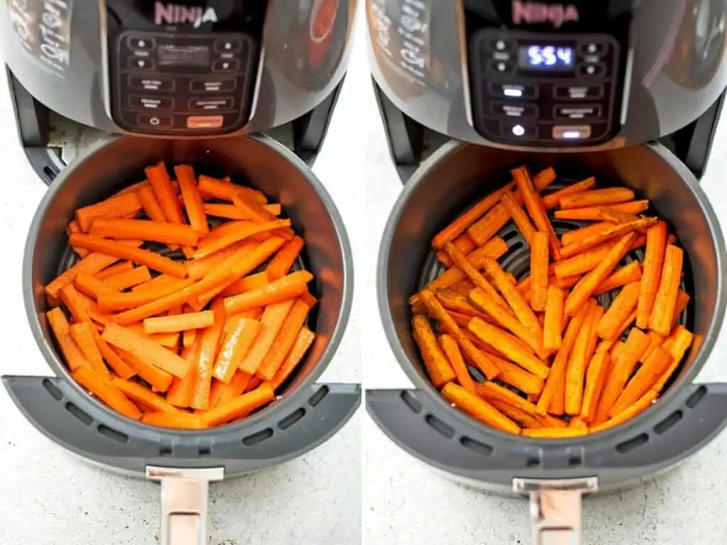 Carrot fries before cooking and after cooking 9 minutes.