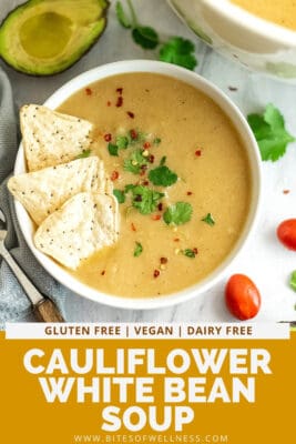Mexican cauliflower white bean soup with tortilla chips and cilantro on top.