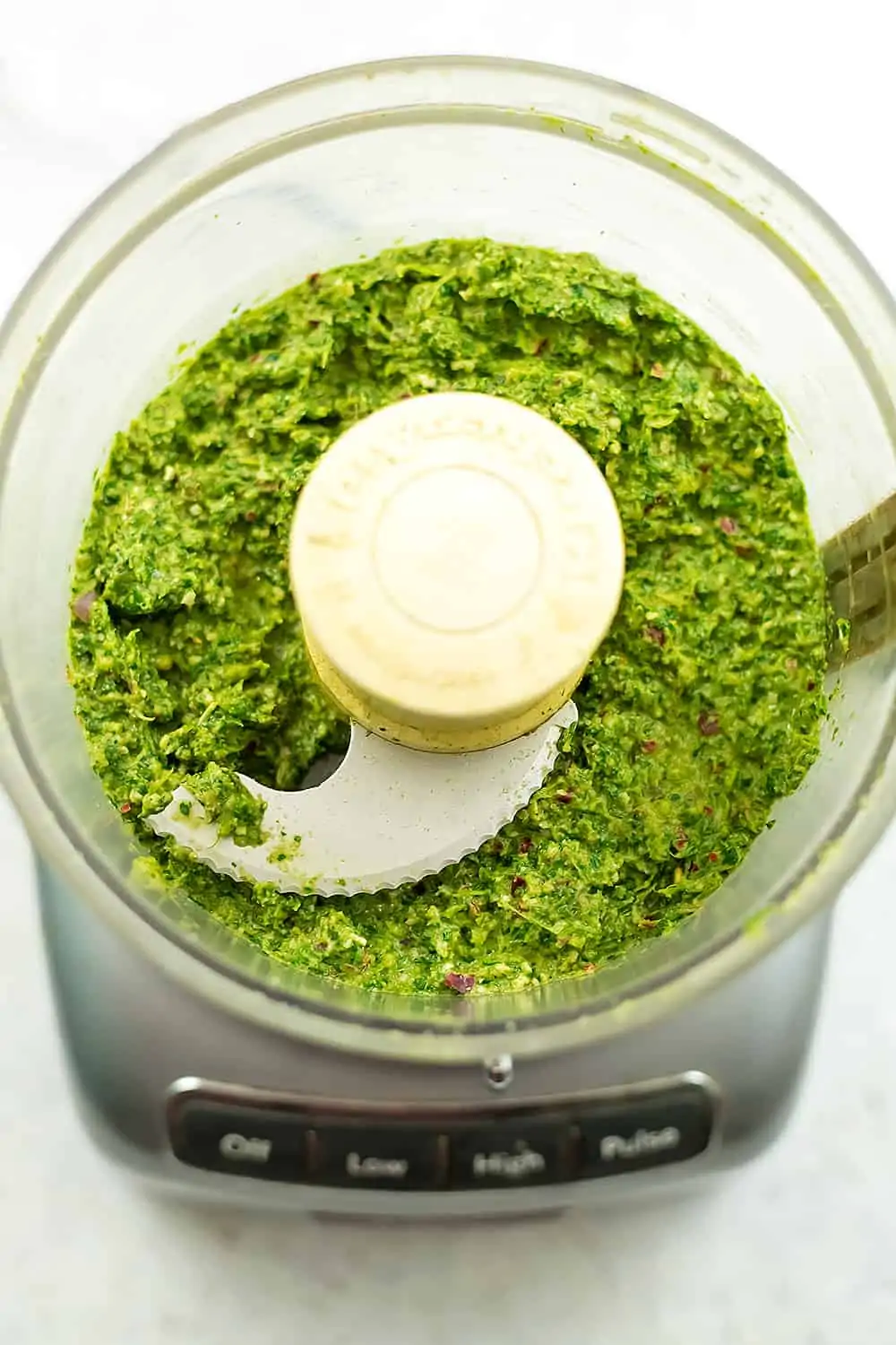 Chimichurri sauce after blending in the food processor.