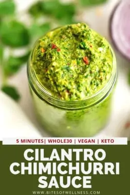 Glass jar filled with whole30 chimichurri sauce.
