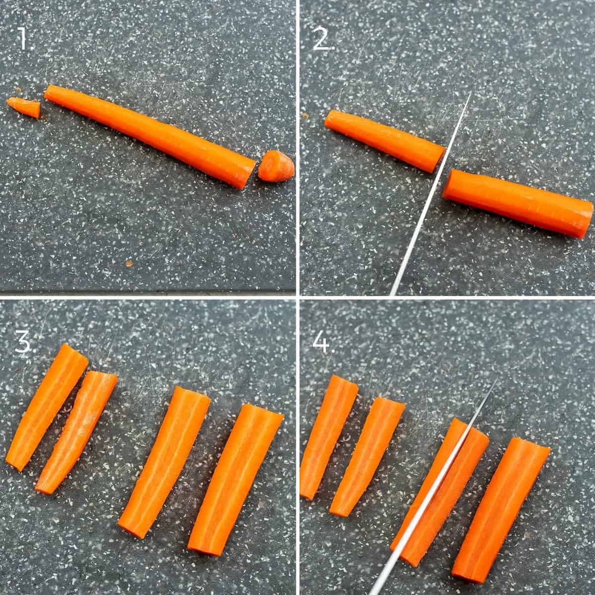 Steps on how to cut a carrot into fries.
