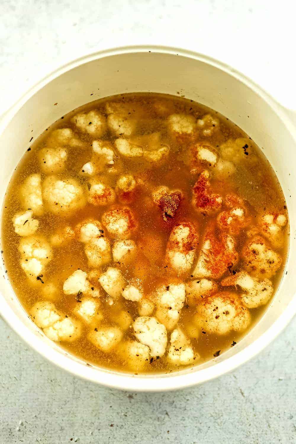 Mexican cauliflower white bean soup before simmering.