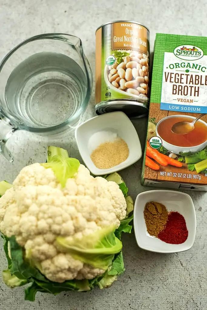 Ingredients to make Mexican cauliflower white bean soup.