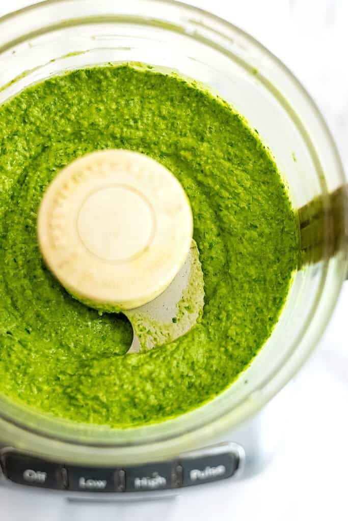 Food processor filled with white bean pesto.