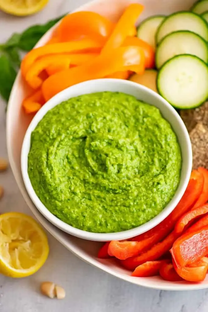 White bean pesto dip in a bowl surrounded by vegetables.