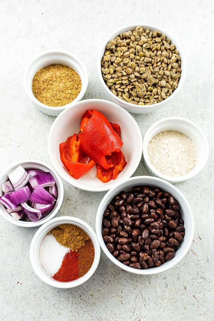 Ingredients to make lentil black bean burgers.