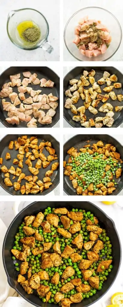 Steps to make chicken and pea skillet meal.