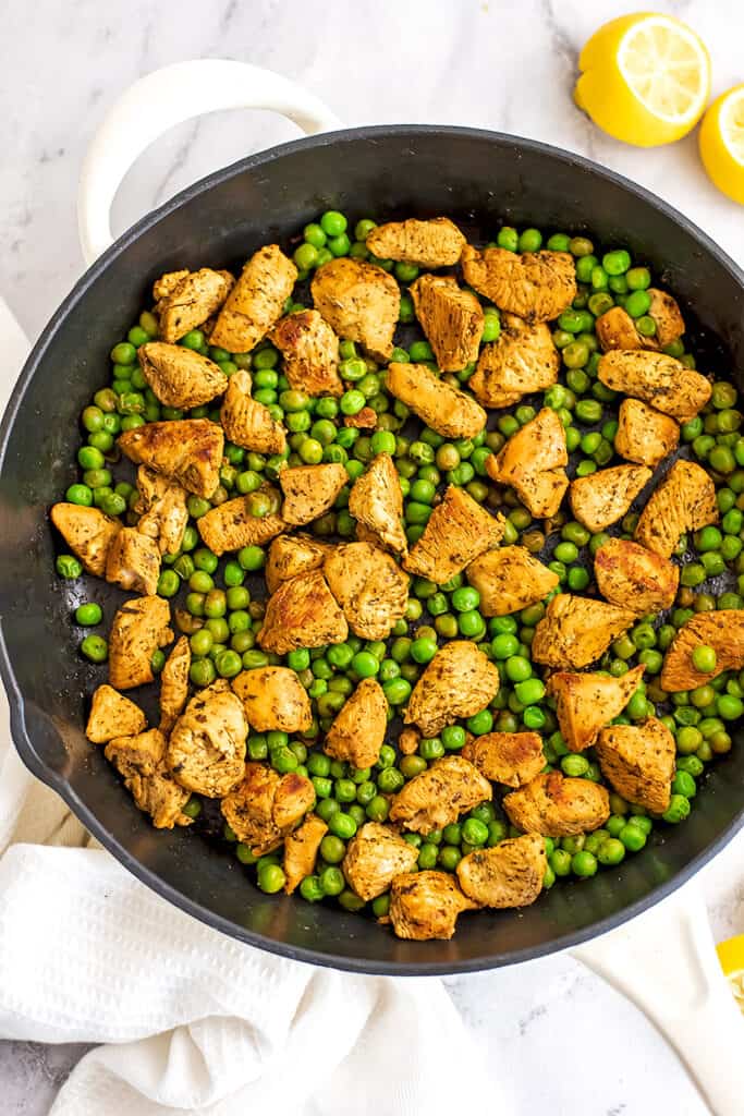 Chicken pea skillet in a cast iron skillet.