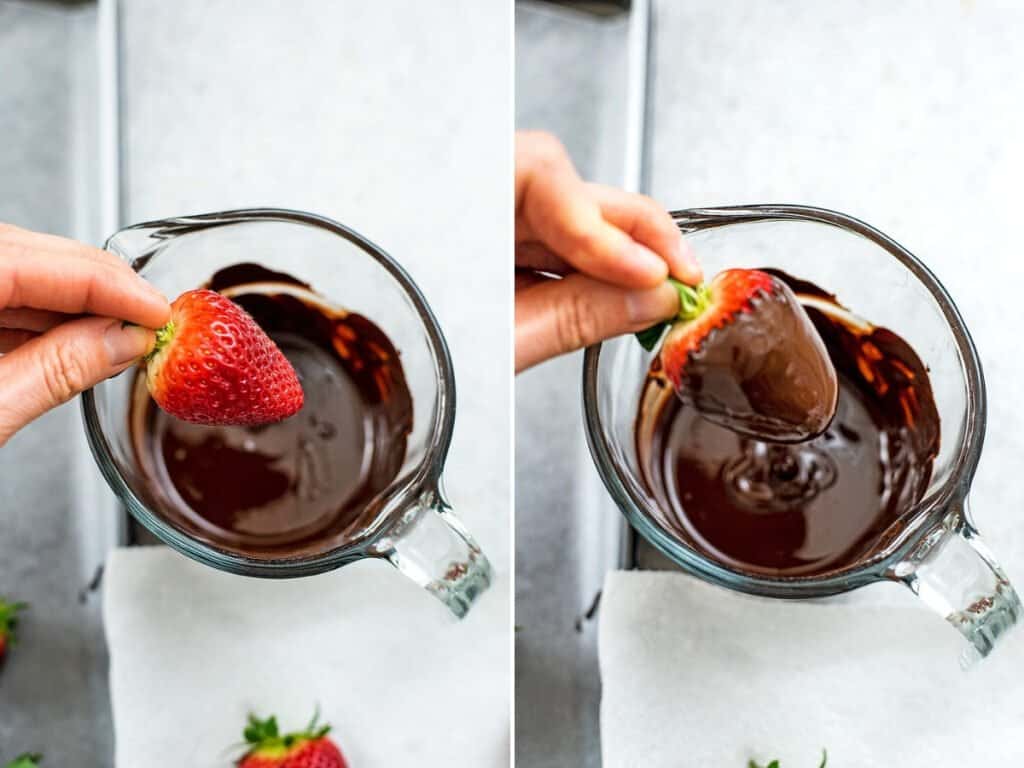 Steps on how to dip a strawberry in chocolate.