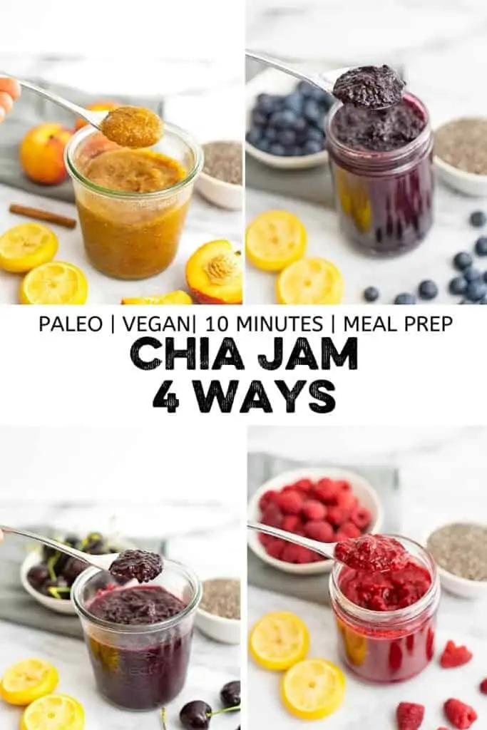 vegan jam with chia seeds 4 ways in one photo.