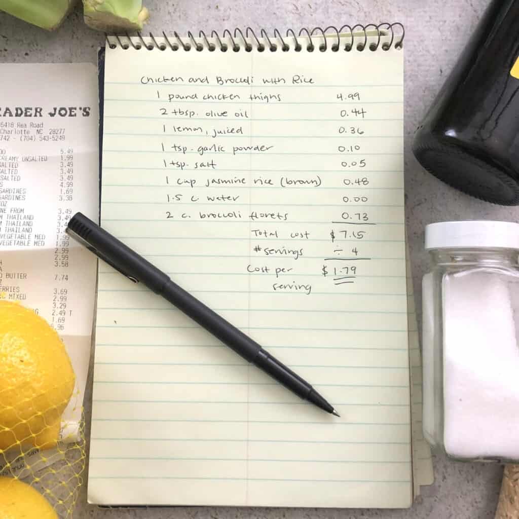 Note pad and pen with recipe cost written down.