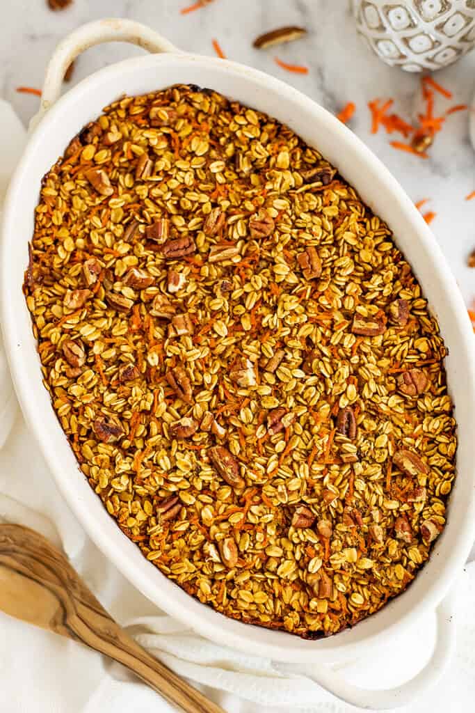 Baking pan full of baked carrot cake oatmeal