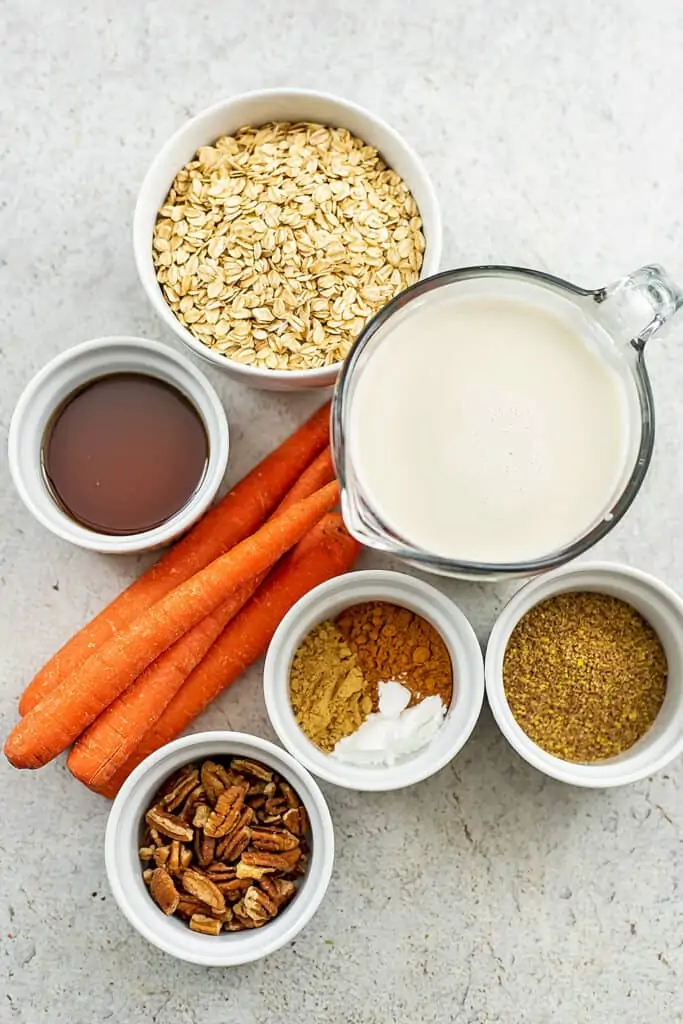 Ingredients to make carrot cake oatmeal bake.