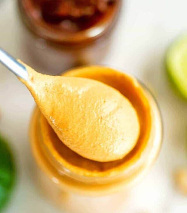 Spoonful of vegan chipotle mayonnaise.
