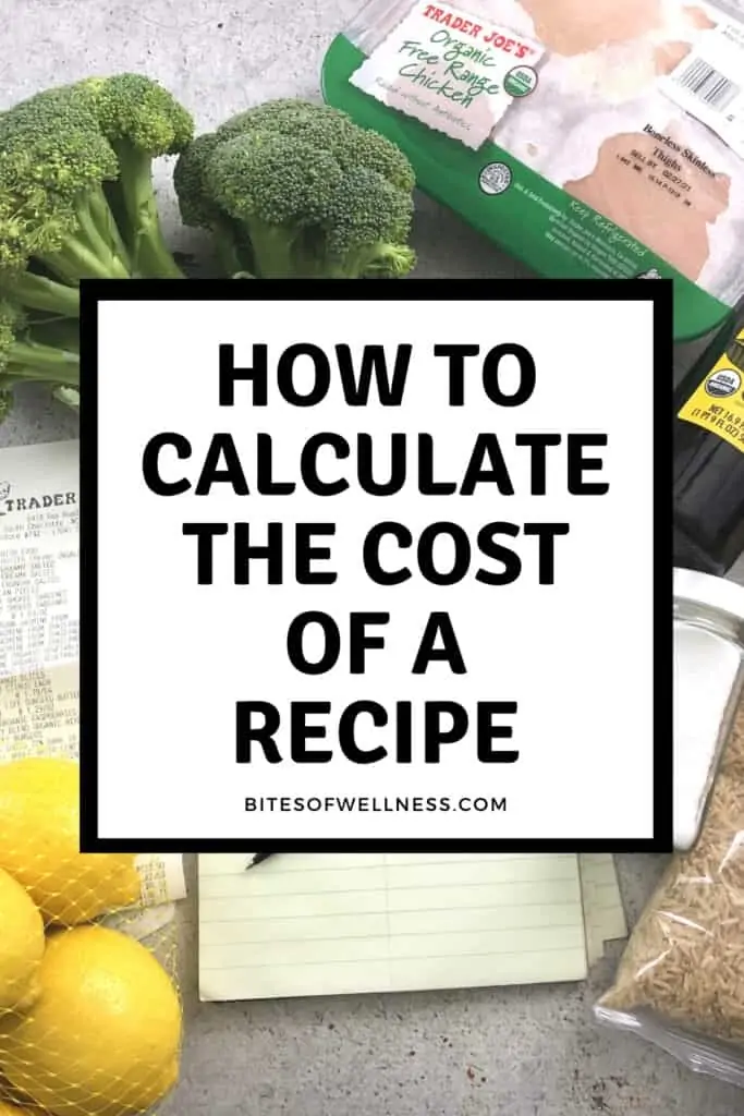 Groceries around a note pad to calculate recipe costs.